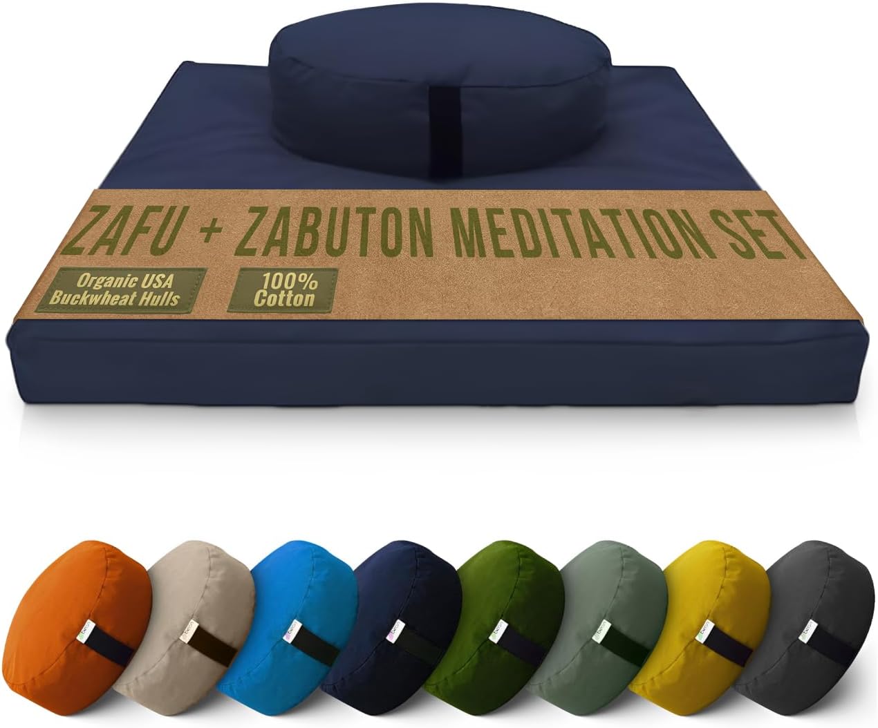 Bean Products Meditation Cushion Mat Set - Zafu Floor Pillow Organic Buckwheat Pillow + Cotton Filled Zabuton Prayer Pad - Meditation Pillow Yoga Knee Pad - Made in USA - 14" Round or 18" Oval