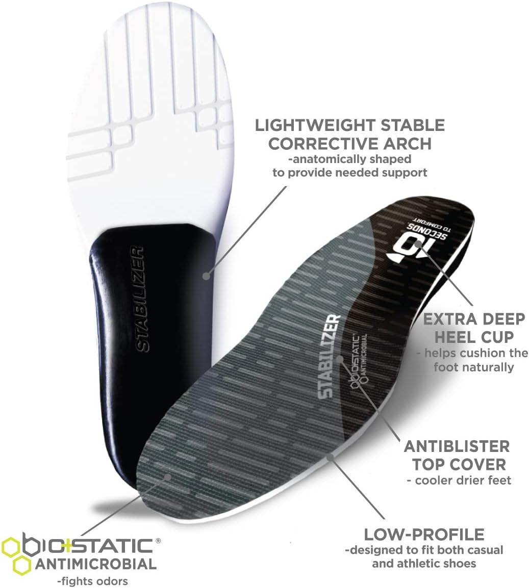 10 Seconds Stabilizer Insole, Medium Corrective Arch, Soft Support, Designed for Instability and Low-Profile Footwear, Deep Heel Cup, Anti Odor and Blister Topper. (M 5/6, W 7.5/8.5)