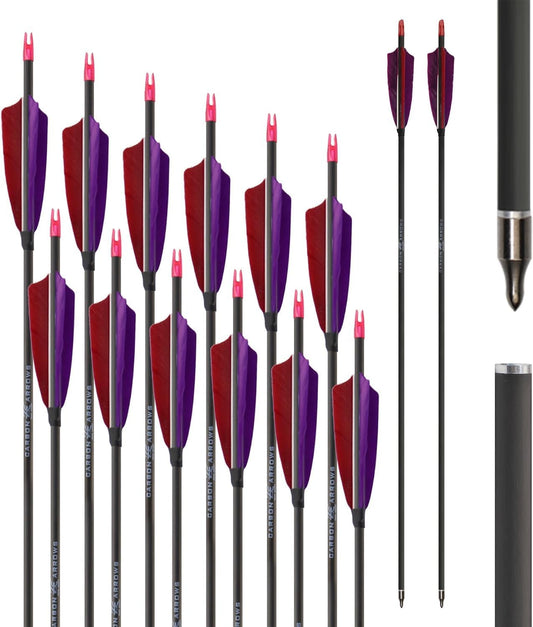 600 Spine Pure Carbon Arrows with Real Turkey Feathers Removable 100 Grain Tips Plastic Nocks for Archery Target Hunting