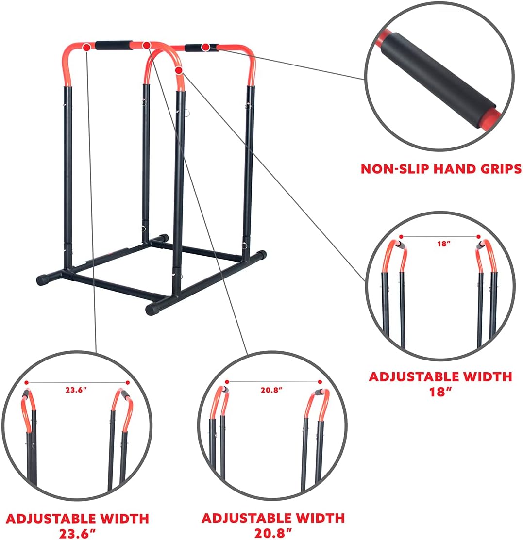 Sunny Health & Fitness Power Tower, Dip Bar, Push-Up & Pull Up Assisting Parallette Station w Optional Rock Climbing Grip Trainer