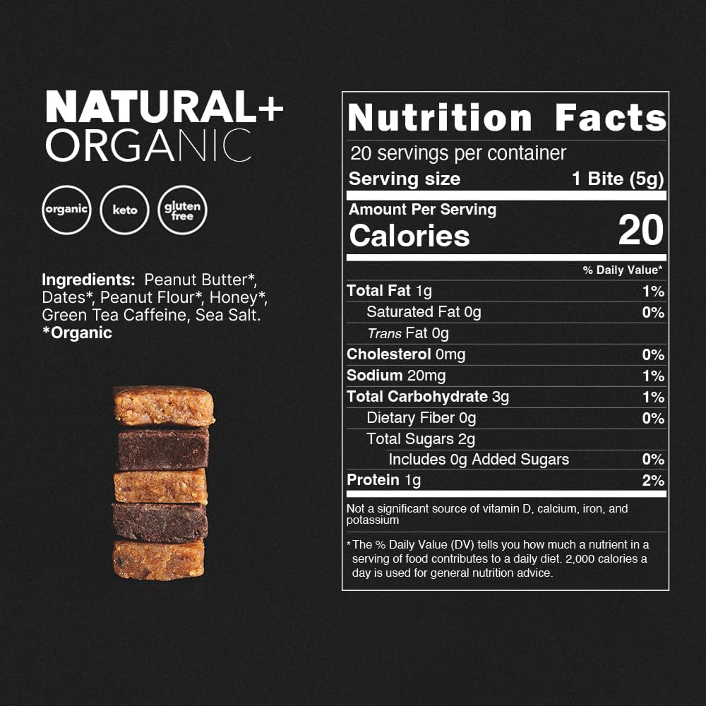 CAFF All Natural Energy Bites - Caffeinated Peanut Butter Bite for Energy Boost - 65mg Caffeine Peanut Butter Bars – 20 Calorie Organic Caffeine Snacks - Gluten-Free, Keto (20 Bites)