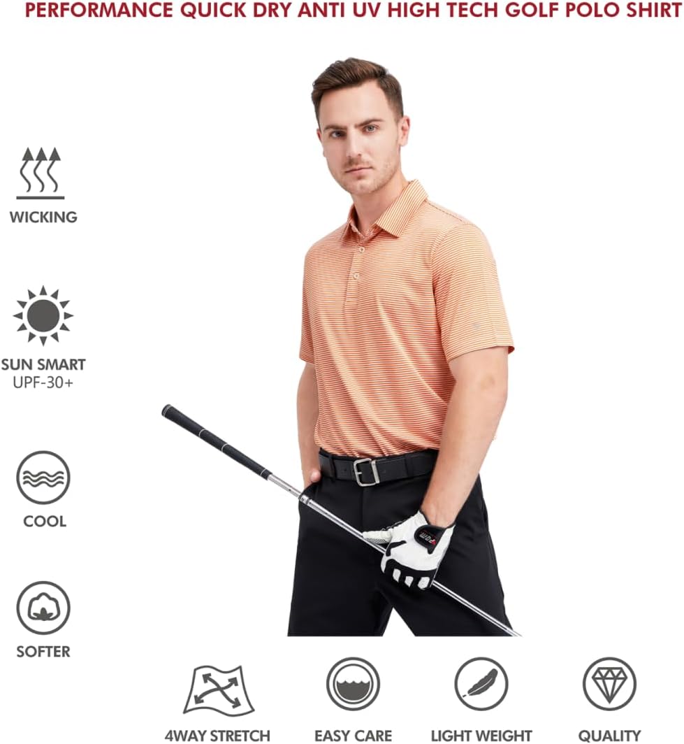 Men's Golf Polo Shirts Short Sleeve Striped Performance Moisture Wicking Dry Fit Golf Shirts for Men