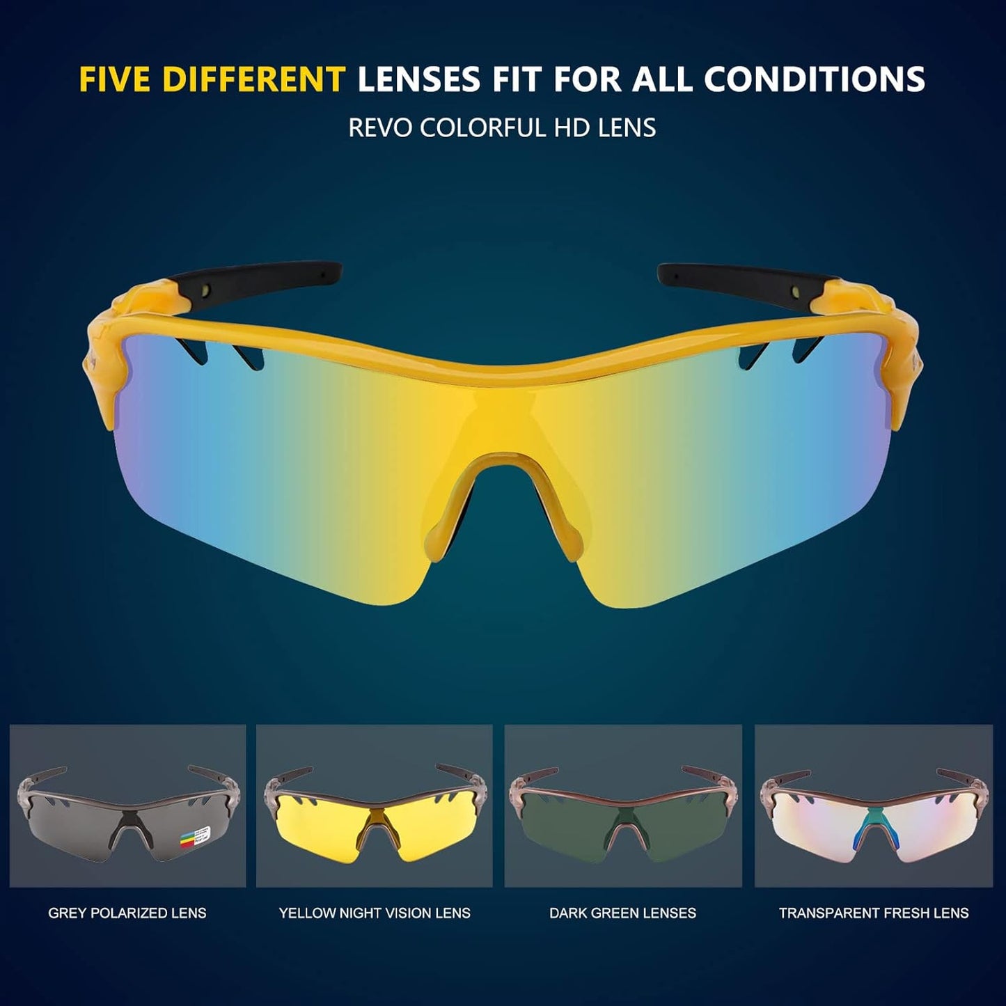 BangLong Polarized Sports Sunglasses Cycling Sun Glasses for Men Women with 5 Interchangeable Lenes for Running Baseball Golf