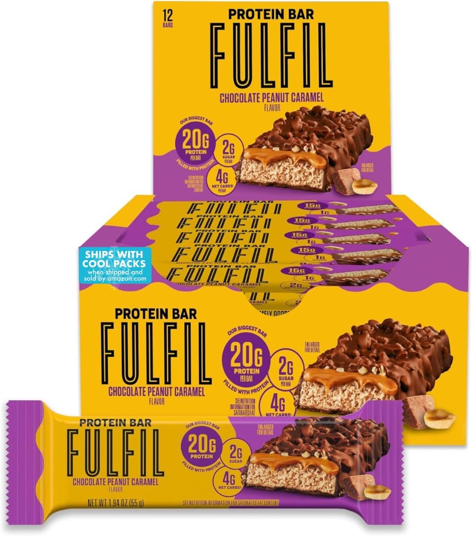 FULFIL Protein Bars, Chocolate Peanut Caramel Flavored, Gluten Free with 20g Protein, Pantry Staples, 12 Count