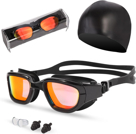 Swim Goggles, Goggles Adult with Swimming Cap, Nose Clip & Ear Plugs, UV Protection Anti-Fog Lens and Case for Adult