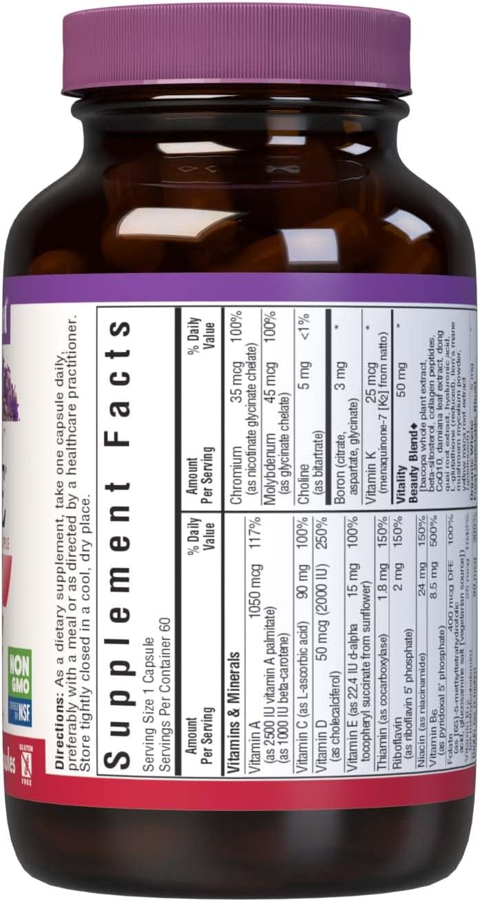 Bluebonnet Nutrition Ladies’ ONE 40+ Whole Food-Bed Multiple, Women Multivitamin for Women 40+, Soy-Free, Non-GMO, Gluten Free, 60 Vegetable Capsules, 60 Servings