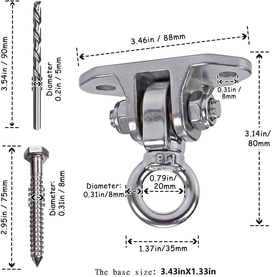 Stainless Steel Heavy Duty Swing Hanger 180°+360° Ceiling Swing Mount Free Swivel Swing Hook Swing Hardware Kit for Yoga Swing Hammock Chair Porch Swing Sets Heavy Punching Bag 1500 LB Capacity