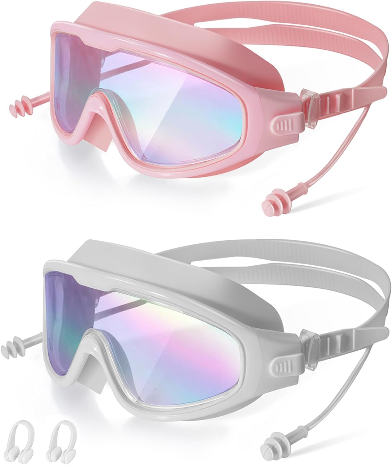 Adult Swimming Goggles,Leak-Proof,Anti-Fog Pool Glasses,Wide View Swim Goggles with Ear Plugs and Nose Clip