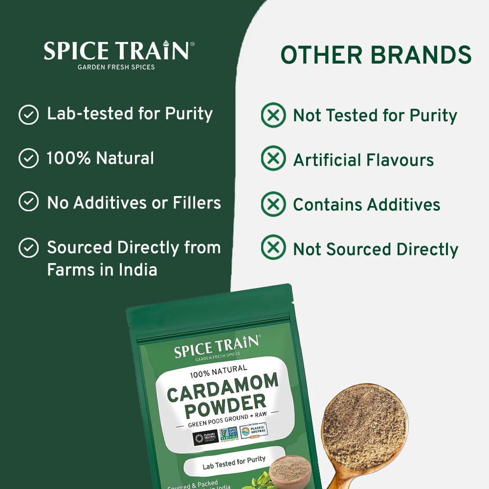 Cardamom Powder (100g/3.53oz) Gluten Free, Raw Ground Elaichi for Cooking, Smoothies, Lattes, Masala Tea, Packed in Resealable Zip Lock Pouch