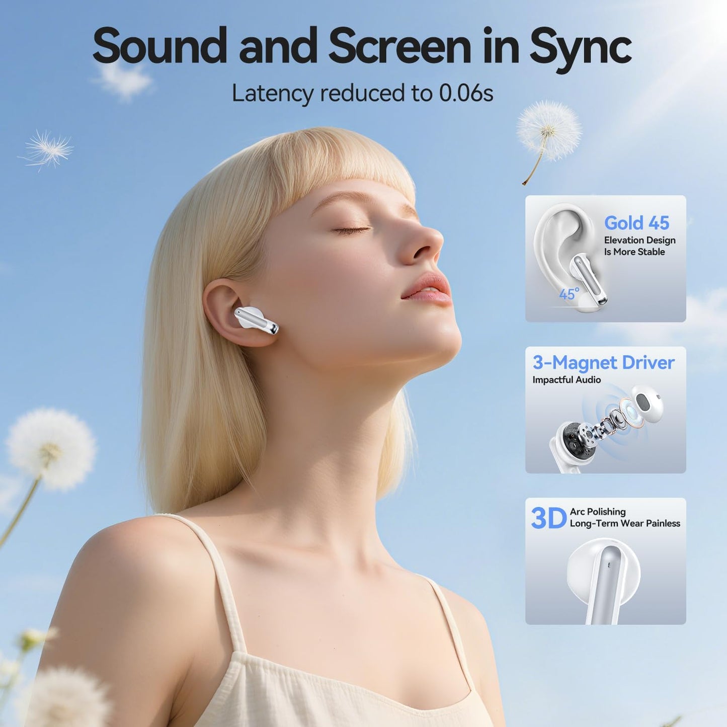 Wireless Earbuds, 2025 Bluetooth 5.3 Headphones HiFi Stereo 50H Playback Ear Buds with Led Digital Display, ENC Noise Cancelling Earbuds for Laptop Computer, iOS, Android, White