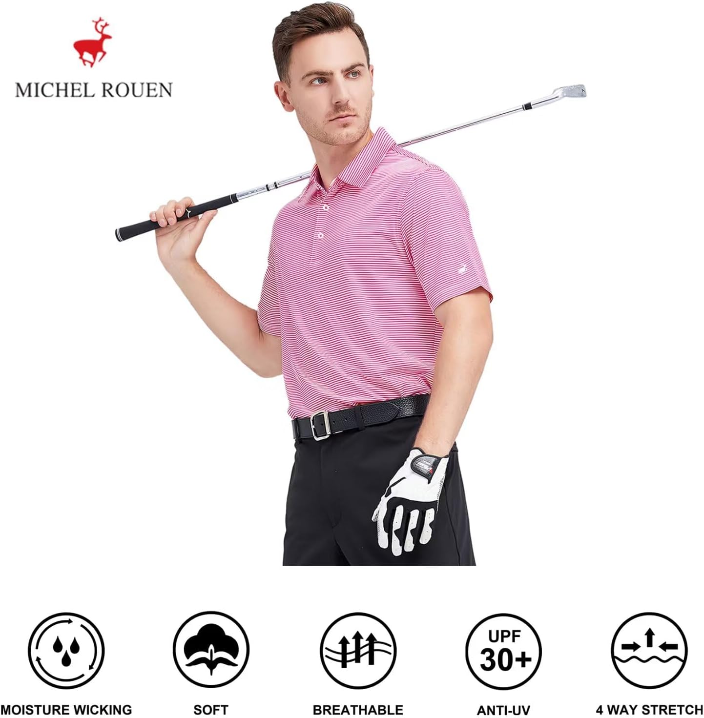 Mens Golf Shirt Moisture Wicking Dry Fit Performance Sport Short Sleeve Striped Golf Polo Shirts for Men