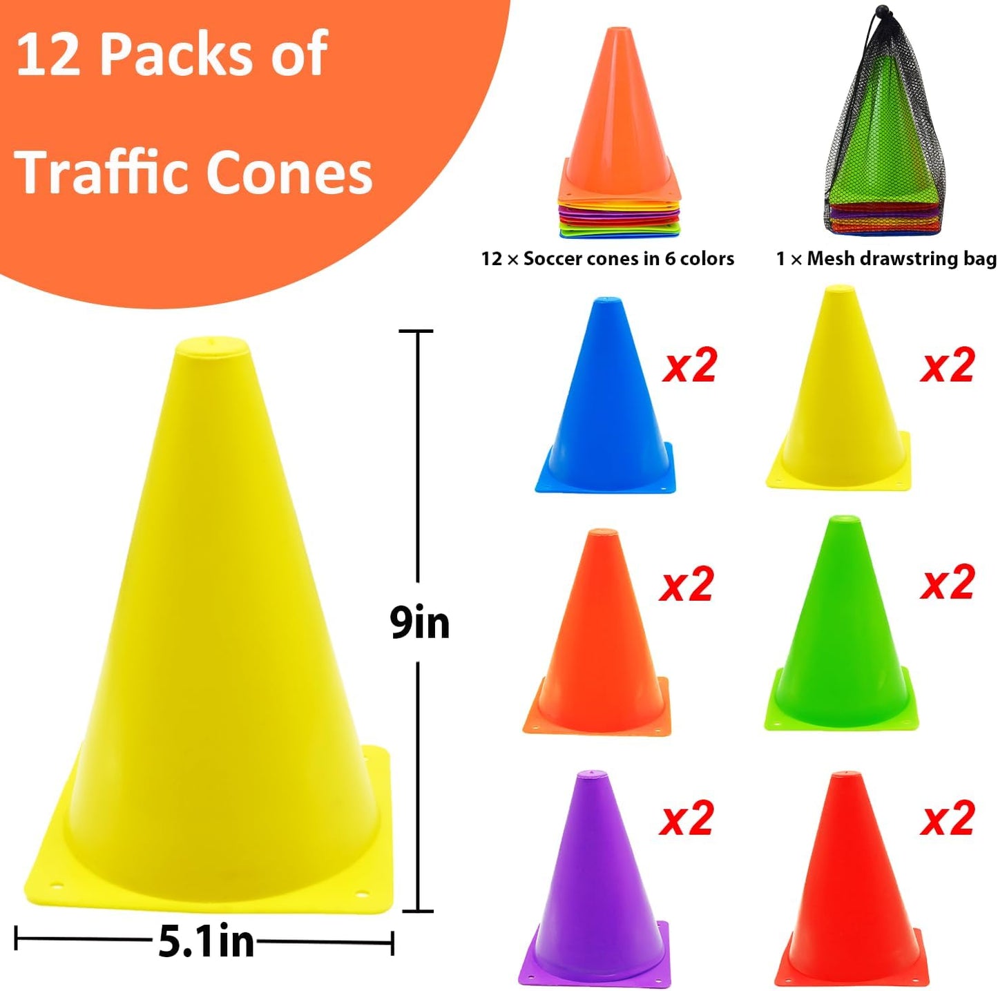 12/24/48Pcs Soccer Cones,7" or 9" Soccer Cones for Training, Multicolor Cones Sports Soccer Training Cones, Field Cones for Skating Basketball Football Drills Practice