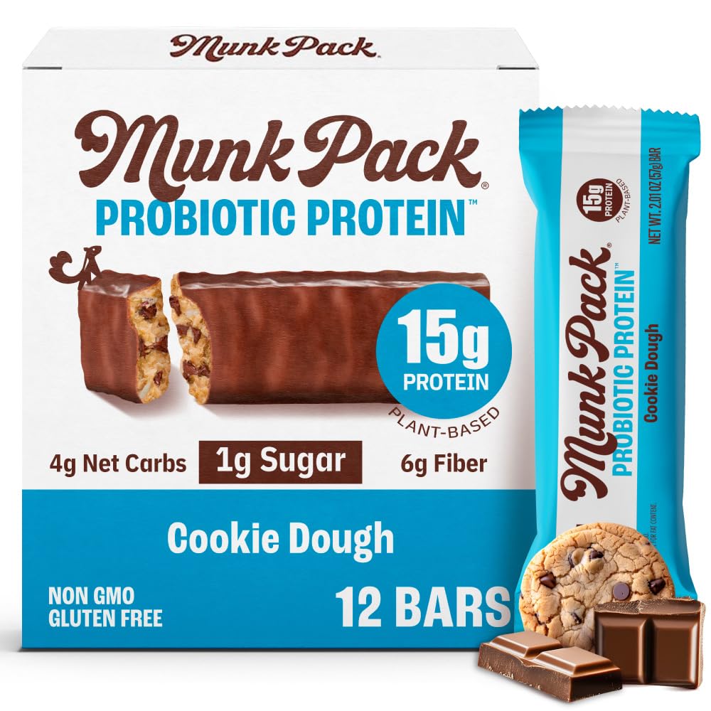Munk Pack 15g Probiotic Keto Protein Bars - Low Sugar, High Protein -1g Sugar, 4g Net Carbs. Vegan + Plant Based Gut Health. Low Carb Healthy Snack Bar. Cookie Dough- 12 Count