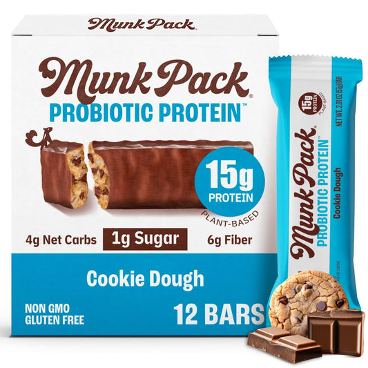 Munk Pack 15g Probiotic Keto Protein Bars - Low Sugar, High Protein -1g Sugar, 4g Net Carbs. Vegan + Plant Based Gut Health. Low Carb Healthy Snack Bar. Cookie Dough- 12 Count