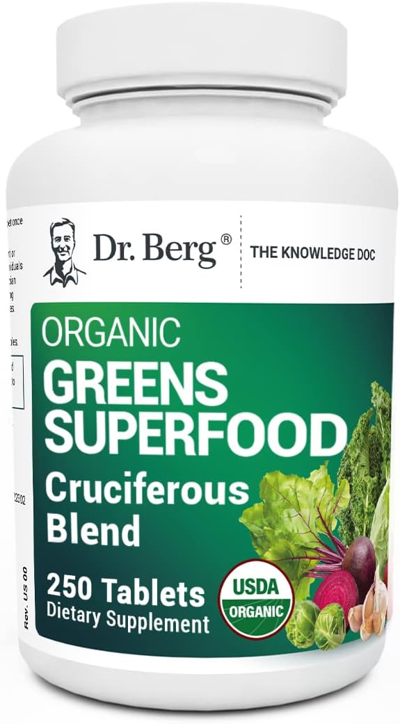 Dr. Berg's Greens Superfood Cruciferous Vegetable Tablets - Vegetable Supplements for Adults w/ 11 Phytonutrient Super Greens Tablets - Energy, Immune System & Liver Veggie Tablets - 250 Tablets