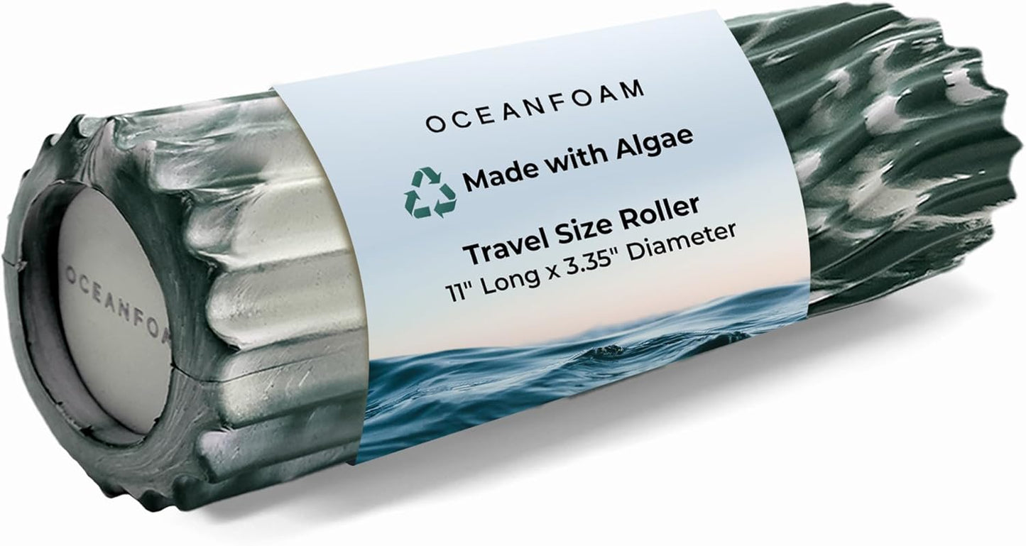 Oceanfoam Ripple Travel Foam Roller (11" x 3.35") Firm Mini Foam Roller for Physical Therapy, Deep Tissue Massage, Back Pain - High Density, Ergonomic Wave Textured - Yoga, Exercise (Hunter Marbled)