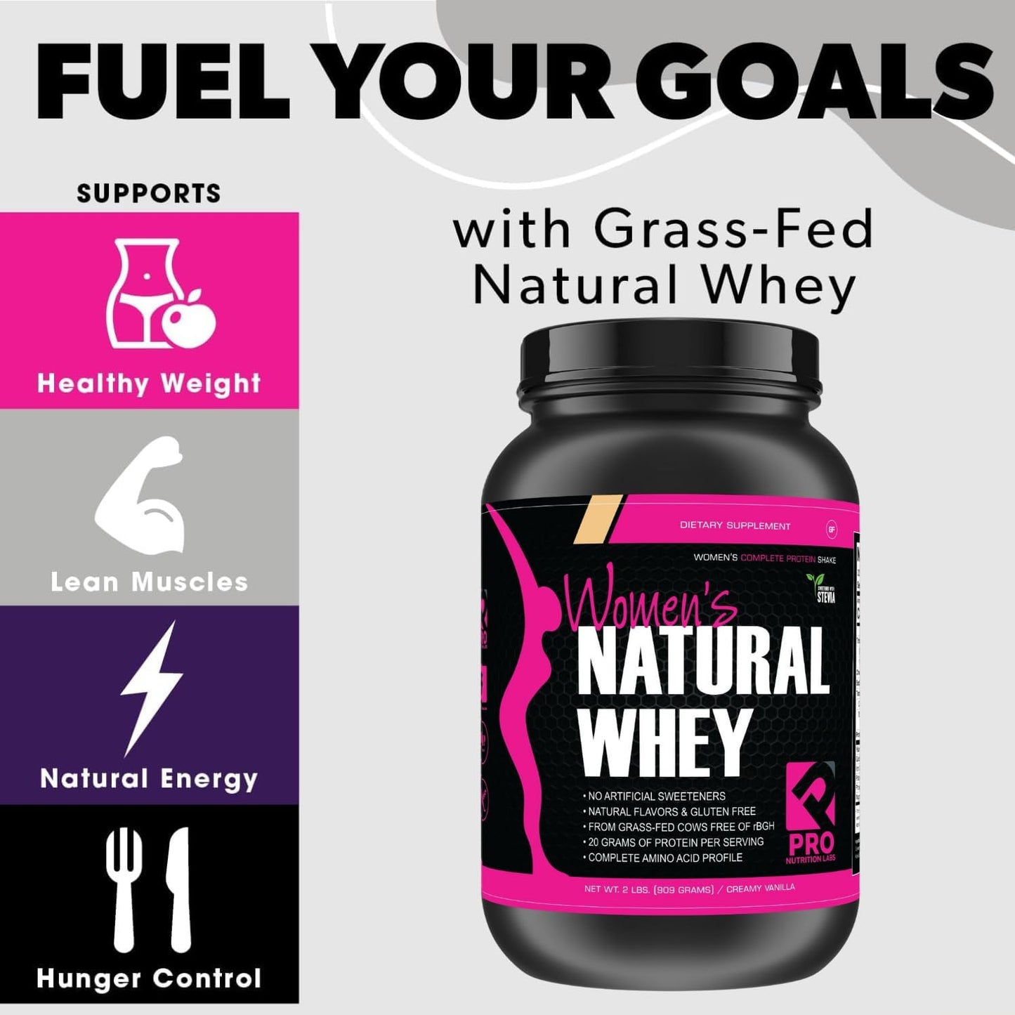 Whey Protein Powder for Women Vanilla Powder - Low Carb Gluten-Free Grass-Fed rBGH-Free - Supports Weight Loss - Natural Stevia Sweetened Protein Shake, 20g (Creamy Vanilla, 2lb)