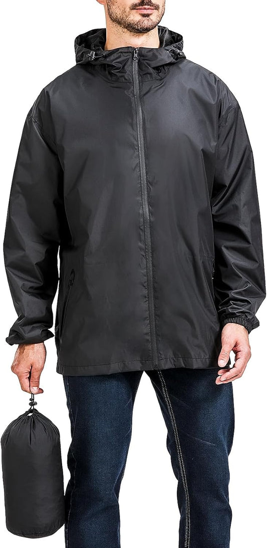 Men's Packable Rain Jacket Waterproof Outdoor Classic Lightweight Raincoat Hooded Windbreaker