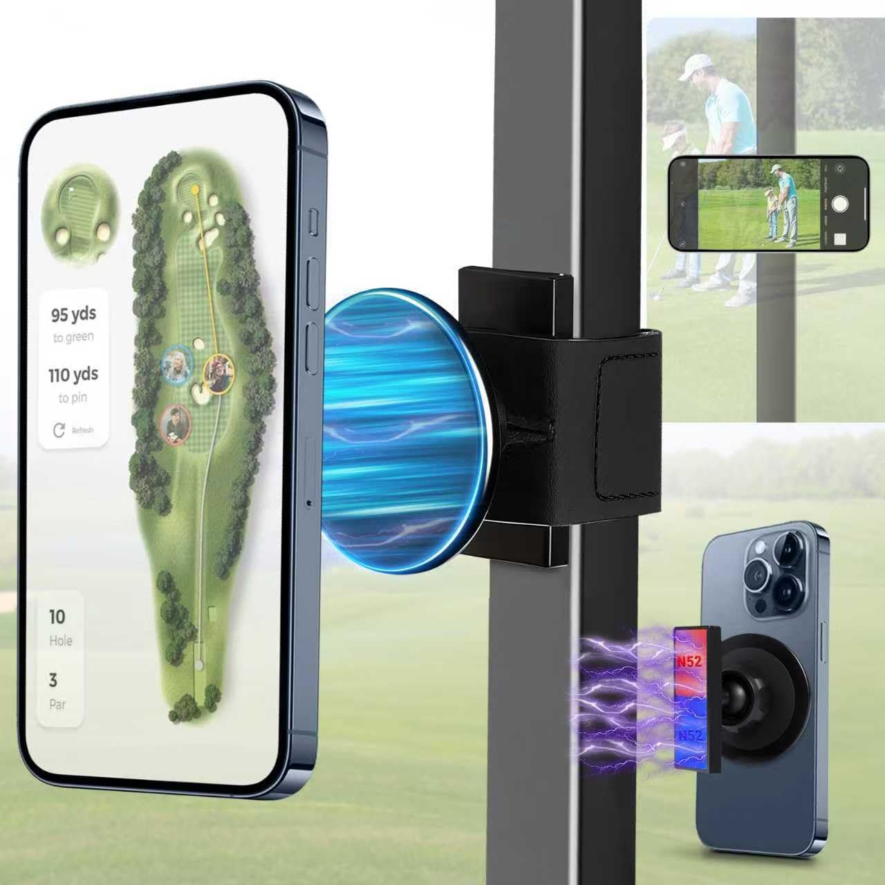Magnetic Golf Cart Phone Holder Work with Magsafe iPhone 16-12 Series and All Phones, Fits Yamaha, EZGO, Club Car Golf Cart, Alloy Strong Magnetic Phone Mount for Gym, Kitchen, with Metal Ring