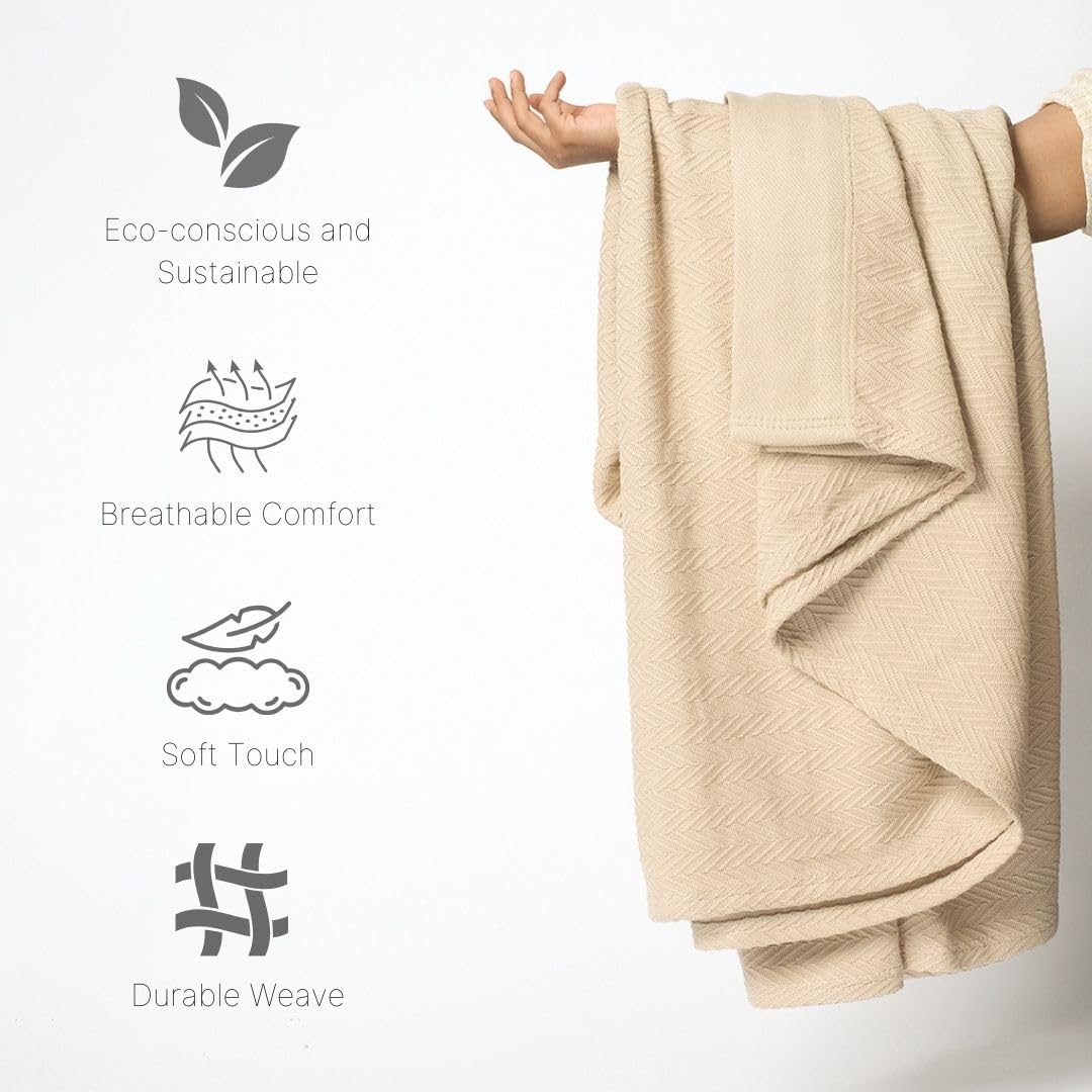 Queen Size Multipurpose Blanket, 100% Extra Long Staple Cotton, Soft & Breathable Herringbone Weave, Beige, Lightweight, Machine Washable, All-Season Throw Blanket for Bedroom & Travel