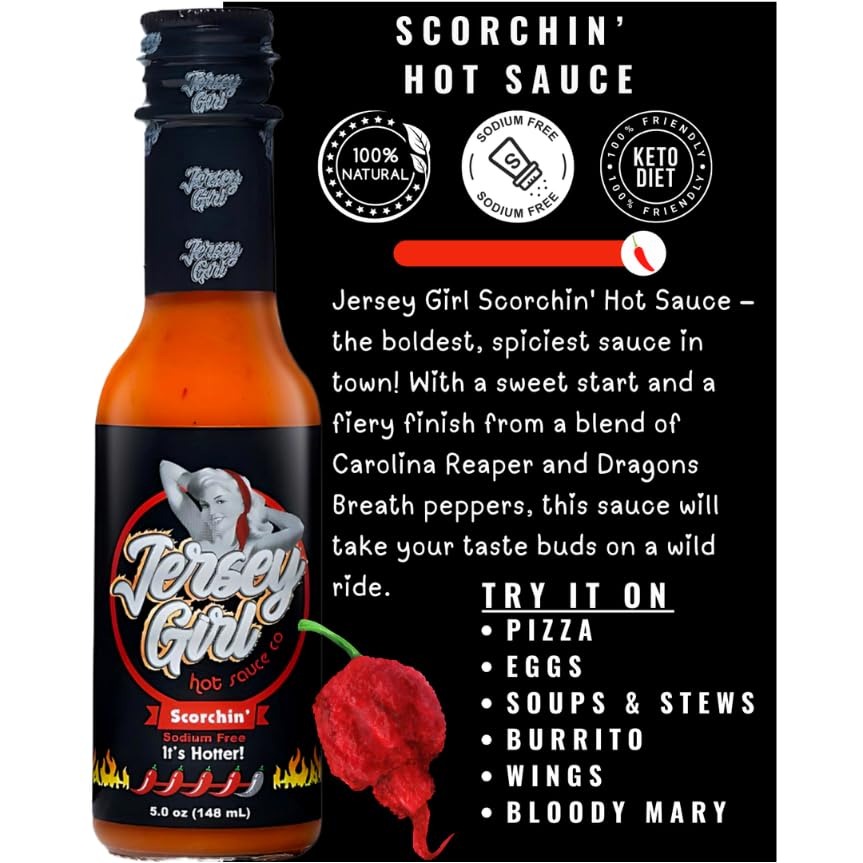 Jersey Girl Scorchin' Hot Sauce (Made with Carolina Reaper & Dragon's Breath Peppers / 2 of the Hottest Peppers in the world) All Natural, A Sodium/Salt Free Condiment - 5oz Bottle