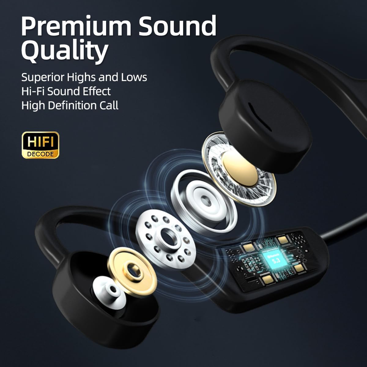 Open Ear Headphones, Open Wireless Earphones, 15HBluetooth Playback 5.3 Sports Earphones, Built-in Microphone, Suitable for Sports Running,Exercise (Deep Black)