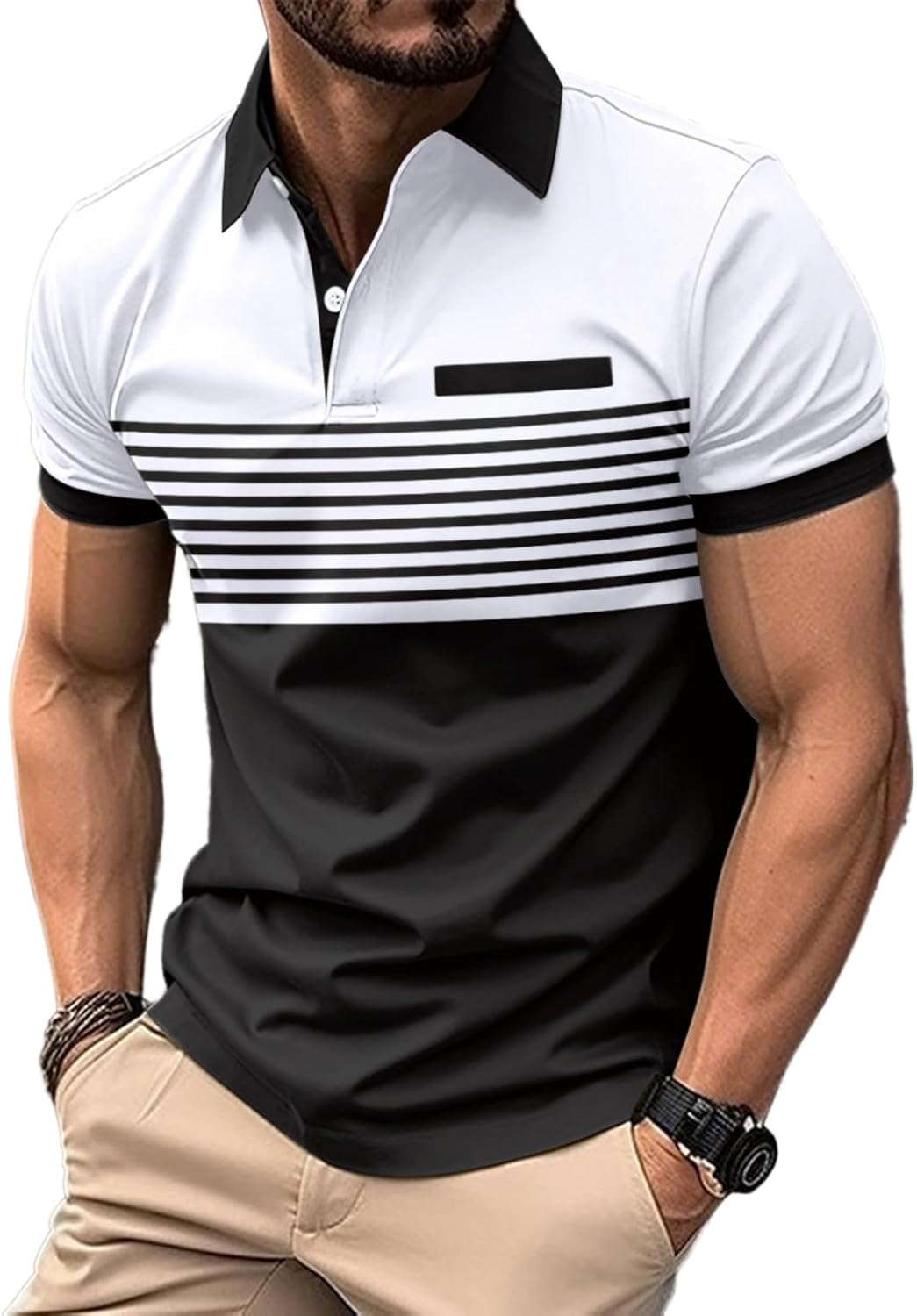 Men's Casual Polo Shirts Short Sleeve Fashion Golf Shirt Classic Striped Slim Fit T-Shirts