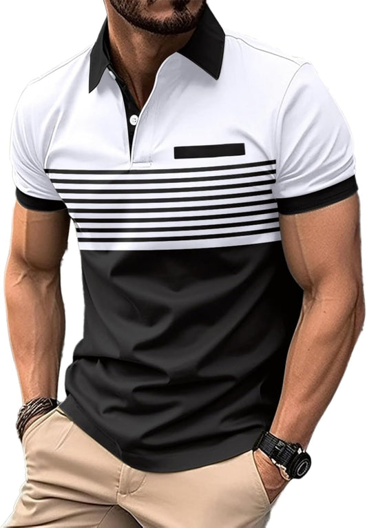 Men's Casual Polo Shirts Short Sleeve Fashion Golf Shirt Classic Striped Slim Fit T-Shirts