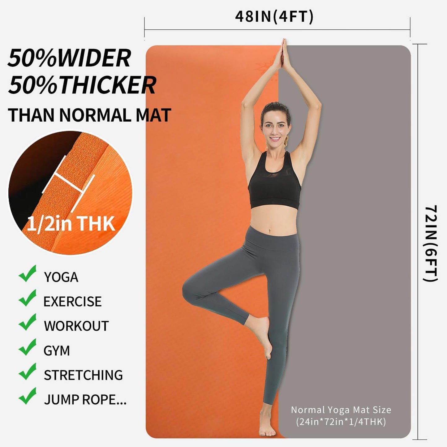 Hatha Yoga Large TPE Yoga Mat 6'x4'x1/2" Extra Thick Non-Slip Exercise Mat - for Yoga Pilates & Home Gym Workouts