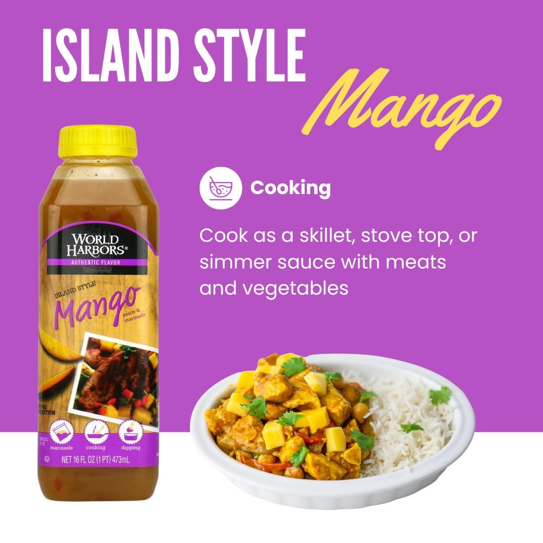 World Harbors Island Mango Sauce & Marinade - Low-Calorie, Sweet & Tangy Perfect Sauce for Chicken, Fish, Beef, Wings, Dipping, Stir-Frying, Salad Dressing. Made in USA 16-Fl Oz Bottle (Pack of 6)