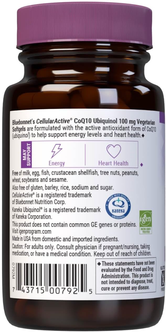 Bluebonnet Nutrition Cellular Active CoQ10 Ubiquinol 100 mg, Energy & Heart Health*, Non-GMO, Gluten-Free, Soy-Free, Vegetarian Friendly, 30 Vegetable Softgels, 30 Servings