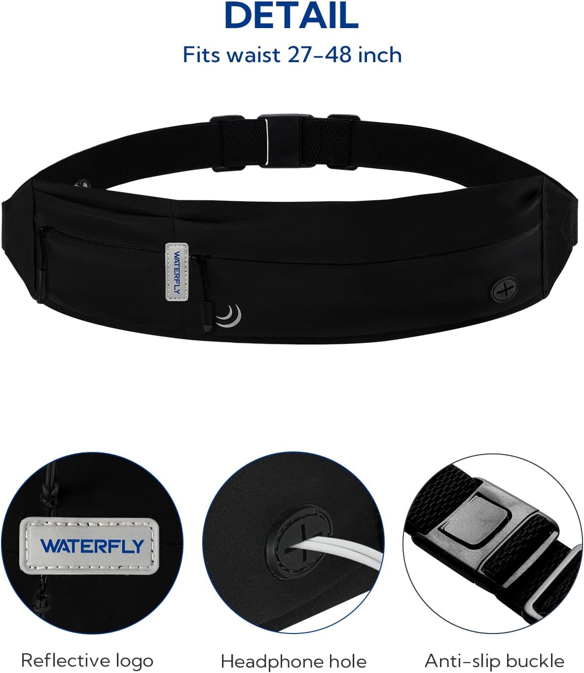 WATERFLY Running Belt Fanny Pack: Runner Marathon Jogging Waist Pack Sport Workout Exercise Fitness Phone Holder Belt for Men Women Jogger Slim Waistband Black