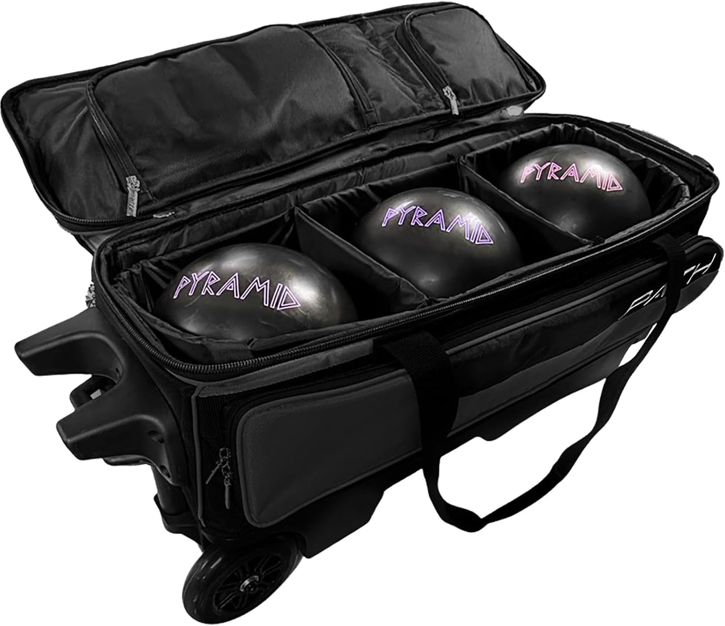 Pyramid Path Triple Premium Deluxe Roller Bowling Bag With Extra Large Separate Shoe Compartment (Up To US Mens Size 16) and 5 Accessory Pockets, 5" Wheels, Retractable Locking Handle - Extends to 42"