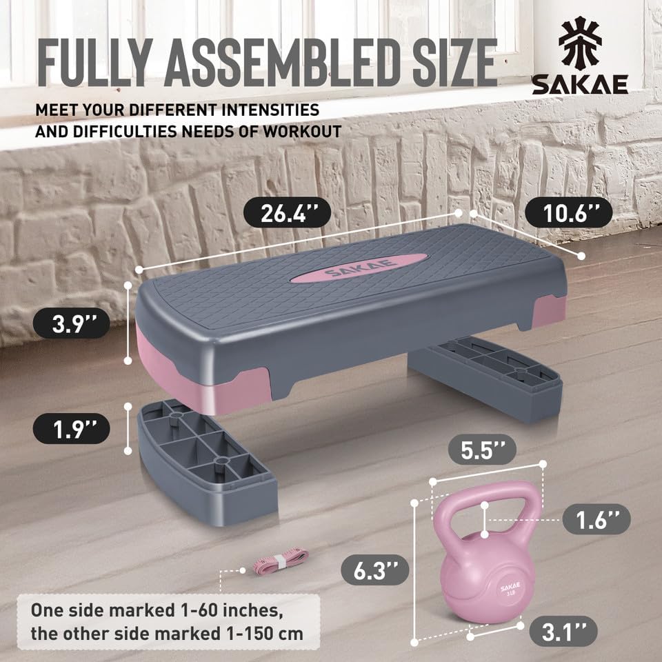 Adjustable Height Aerobic Stepper Set, Multiple Bundle Options with Dumbbells, Kettlebell, Waist Trimmer, Ankle Weights or Weighted Vest, Workout Exercise Step Platform w/Level Risers, 4 Colors