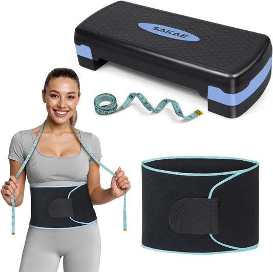 Adjustable Height Aerobic Stepper Set, Multiple Bundle Options with Dumbbells, Kettlebell, Waist Trimmer, Ankle Weights or Weighted Vest, Workout Exercise Step Platform w/Level Risers, 4 Colors