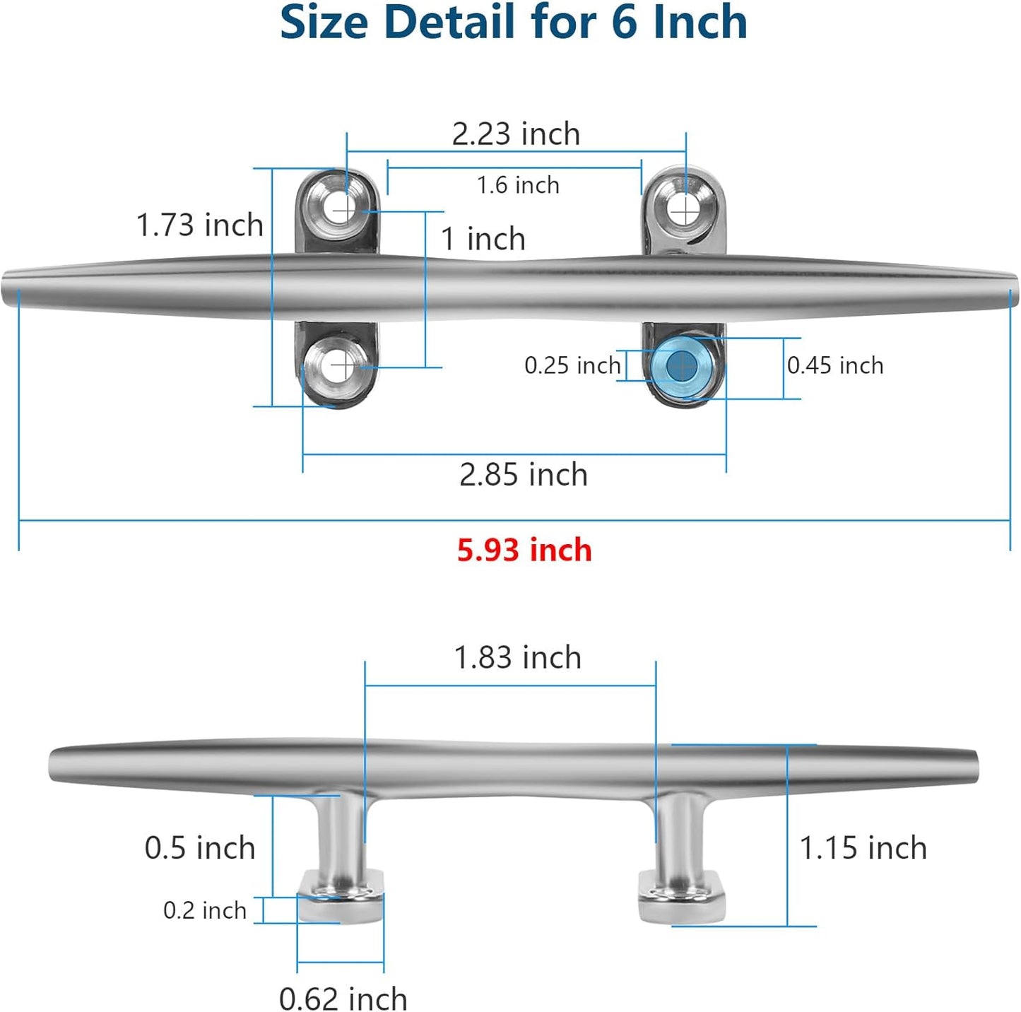 Boat Cleat 6 Inch 316 Stainless Steel, Dock Cleat 8 Inch Heavy Duty Open Base Include Screws, Boat Dock Cleats 10 Inch with Backing Plate for Boats, Kayak, Marine, Deck and Decor(2,4,6 Pack)