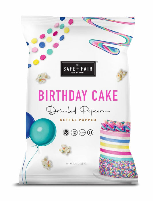 Safe + Fair Birthday Cake Drizzled Popcorn - Gluten-Free, Dairy Free and Vegan Snack - Free From Top 9 Allergens and Artificial Ingredients – Non GMO, Plant Based Kettle Popped Corn, 5.5 oz