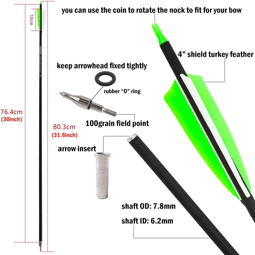 ZSHJGJR 30 Inch Archery Carbon Arrows Hunting Arrows with 4” Turkey Feather Target Practice Arrows Spine 500 for Compound & Recurve &Traditional Bow 6/12pcs