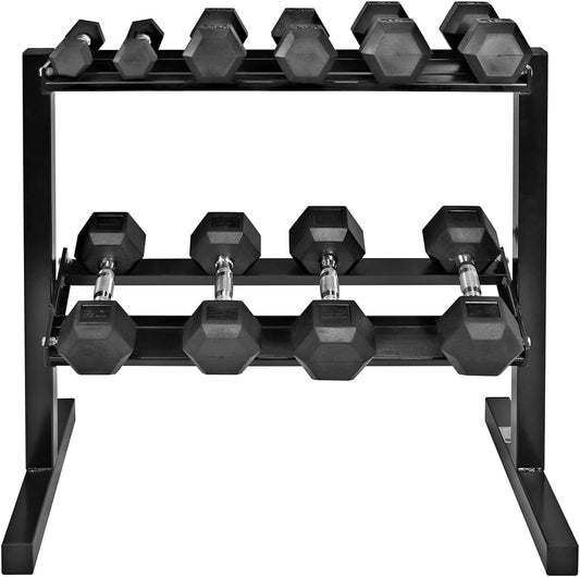 WF Athletic Supply Rubber Coated Hex Dumbbell Set with Two Tier Premium Storage Rack Built for Strength Building, Weight Loss & Home Gym – Multiple Sets Available