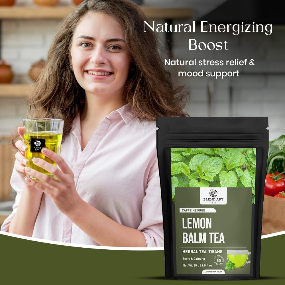 BlendArt Teas - Lemon Balm Herbal Tea - 30 Count - Pyramid Tea Bag | Relive Stres- Lemon Balm Herbal Tea | Reduces Bloating | Refreshing Flavour - Leaf Based - Caffeine Free | Ziplock Pouch