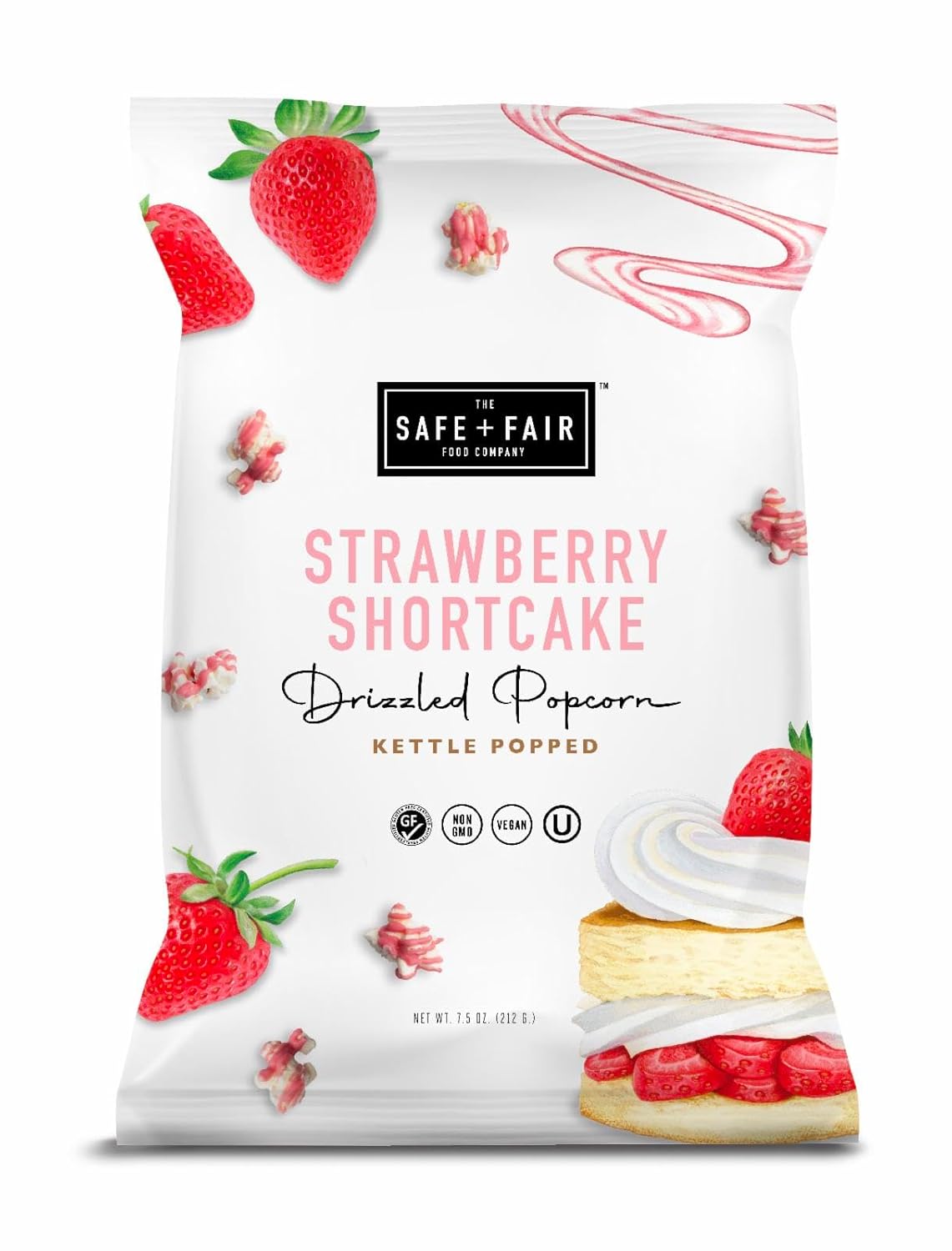 Safe + Fair Plant-Based Gourmet Strawberry Flavored Popcorn - Strawberry Shortcake Drizzled Kettle Corn Popcorn - Non-GMO + Gluten-Free Snacks 5.5oz,6 Pack