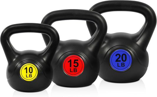 Wide Grip 3-Piece or 4-Piece Kettlebell Exercise Fitness Weight Set, Include 5 lbs, 10 lbs, 15 lbs and 20 lbs, Set of 3 or Set of 4