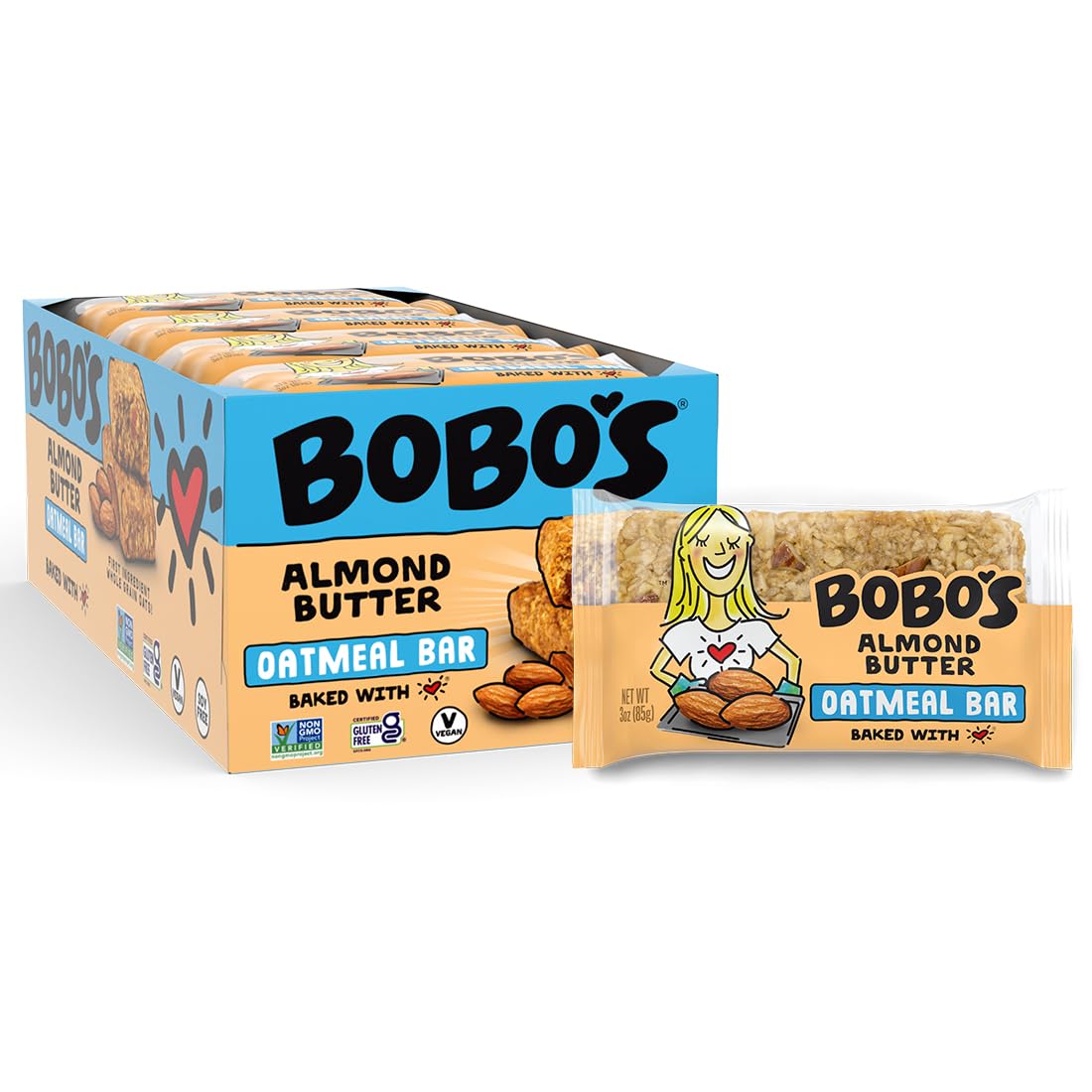 Bobo's Oatmeal Bars, Almond Butter, Gluten Free Vegan Whole Grain Oat Bars, Pack of 12