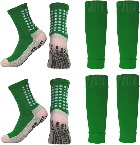 2 Set Anti-Slip Grip Soccer Socks with Shin Guard Sleeves, Sports Athletic Socks for Men Women