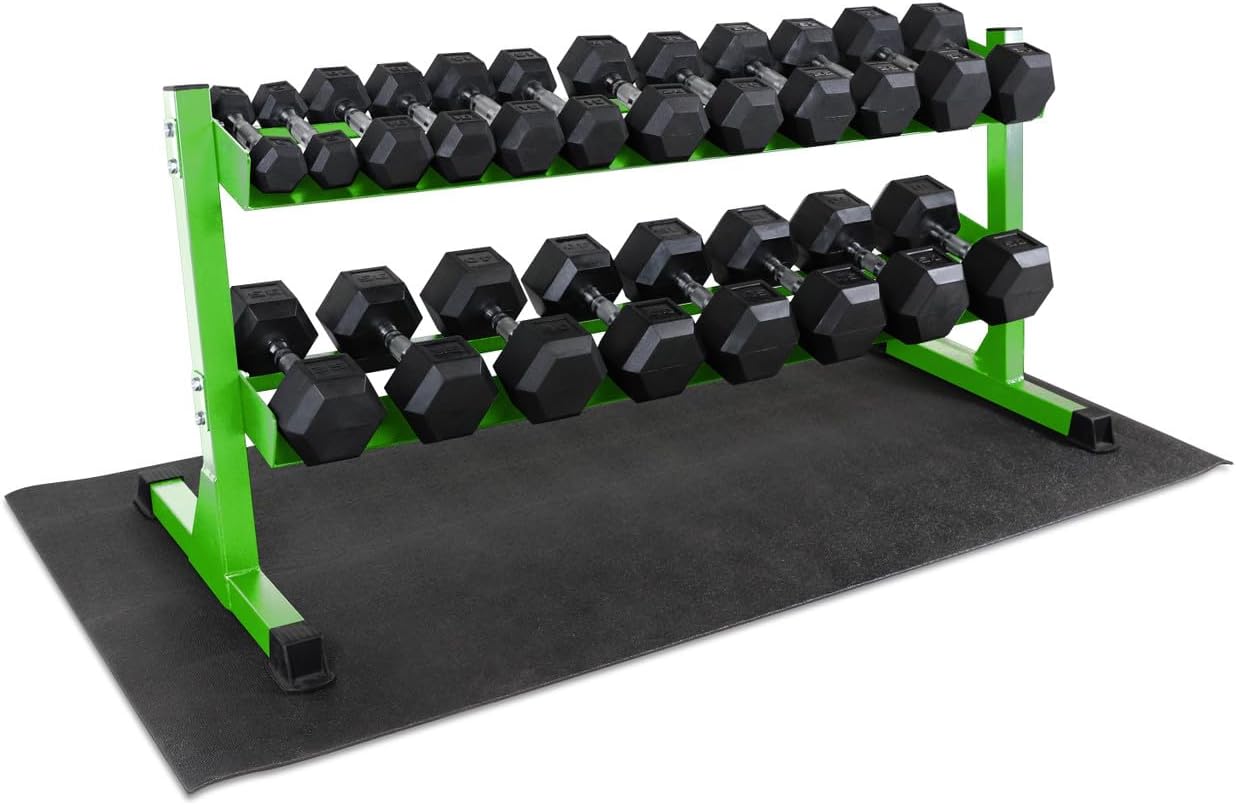 WF Athletic Supply Rubber Coated Hex Dumbbell Set, Multiple Choices Available - Dumbbells with Rack Stand and Mat, or Dumbbells Only (200/550/1200/2100/3000 LB)
