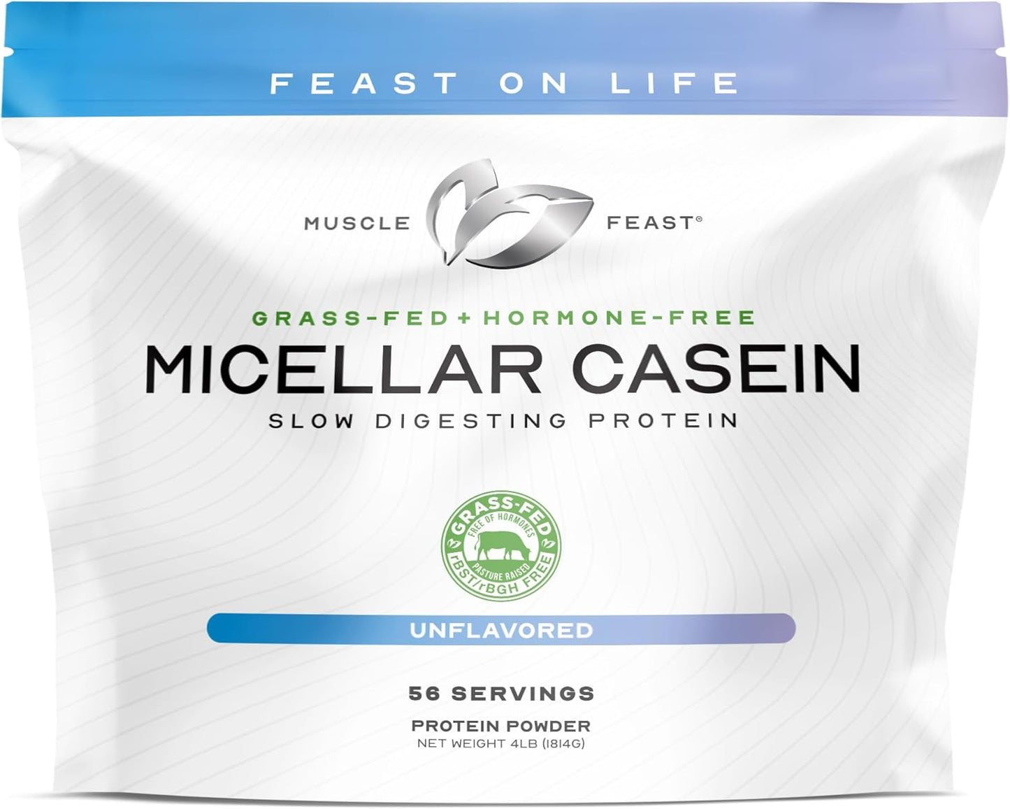 Muscle Feast Grass Fed Micellar Casein Protein Powder, Pasture Raised & Hormone Free, Slow Digesting Casein Protein - Supports Overnight Muscle Recovery, Gluten Free Protein Powder - Unflavored, 4lb