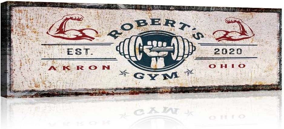Tailored Canvases Personalized Gym Sign Wall Art Decor - Motivational Canvas for Home Gym, Workout Room, Garage, Fitness Center - Workout Inspirational Posters - One Hand with Dumbbell on Rustic, 36x12in