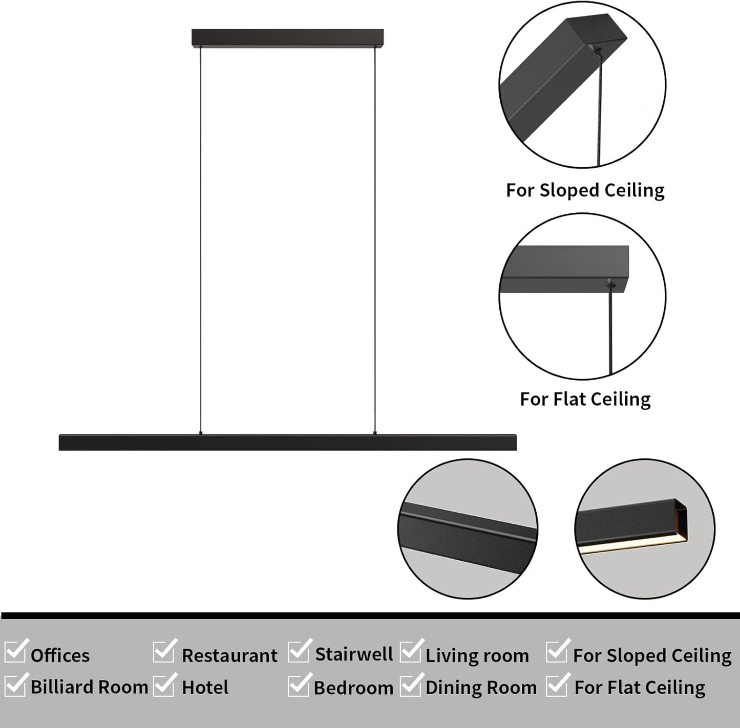 Modern Ceiling Pendant Lights,39in LED Black Linear Chandelier with Remote Control 3000k-6000K Adjustable Color Temperature,Island Lighting Hanging Light for Kitchen,Dining Room,Living Room