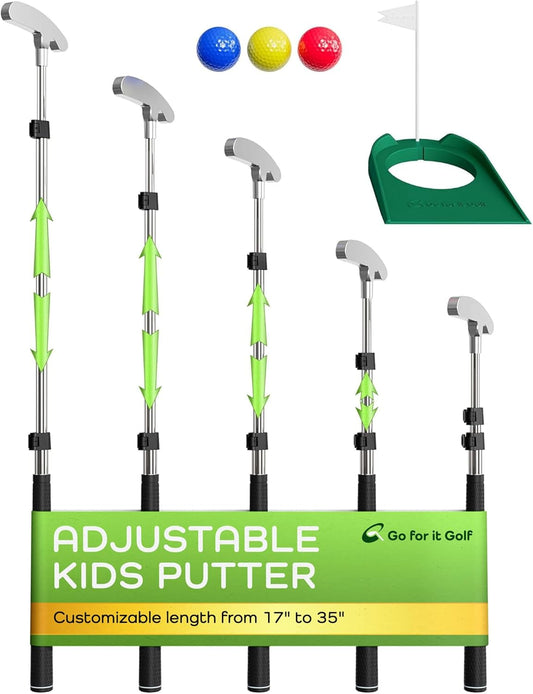 Kids Putter Set with Extendable Shaft – Adjustable Mini Golf Putter for Junior Golfers – Left & Right-Handed Training Club – Includes 3 Balls – Silver, 17"-35"