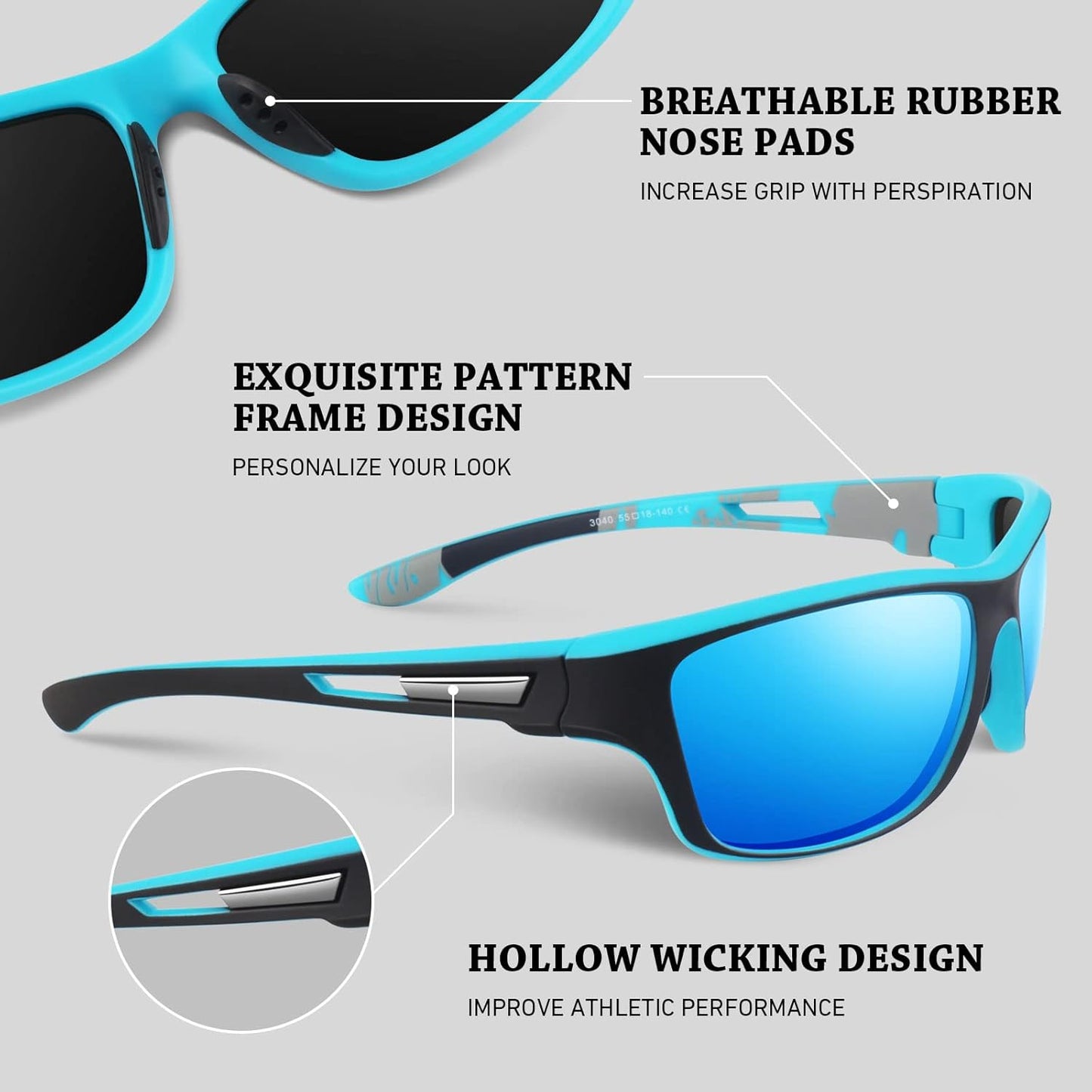 Polarized Sports Sunglasses for Men Women,Fishing Driving Rectangular Goggles UV400 Protection